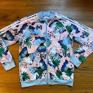 Adidas pink light blue pastel floral butterfly full zip jacket SIZE L